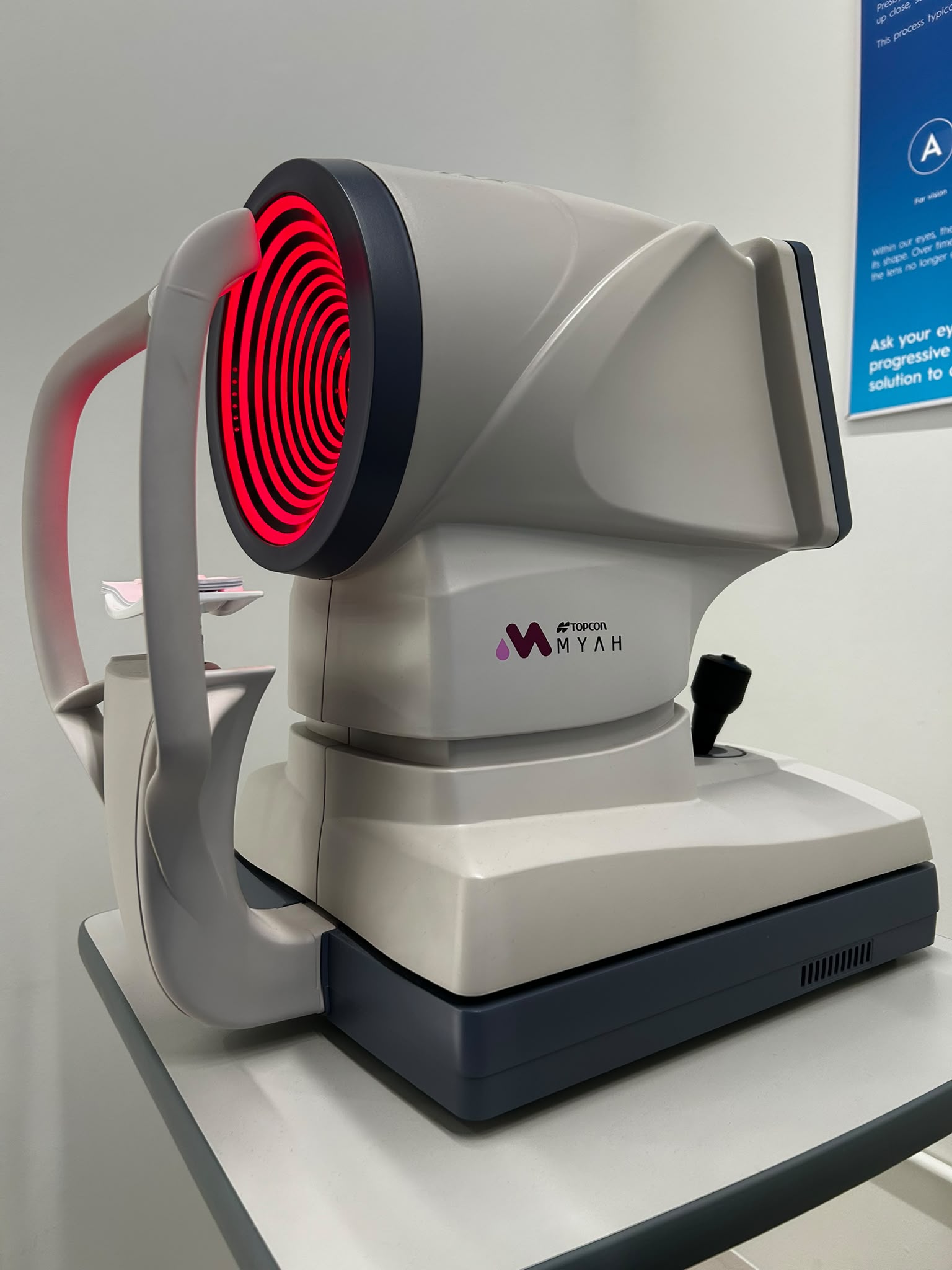 Topcon MYAH optical biometer used for precise axial length measurement in childhood myopia at EMME Visioncare